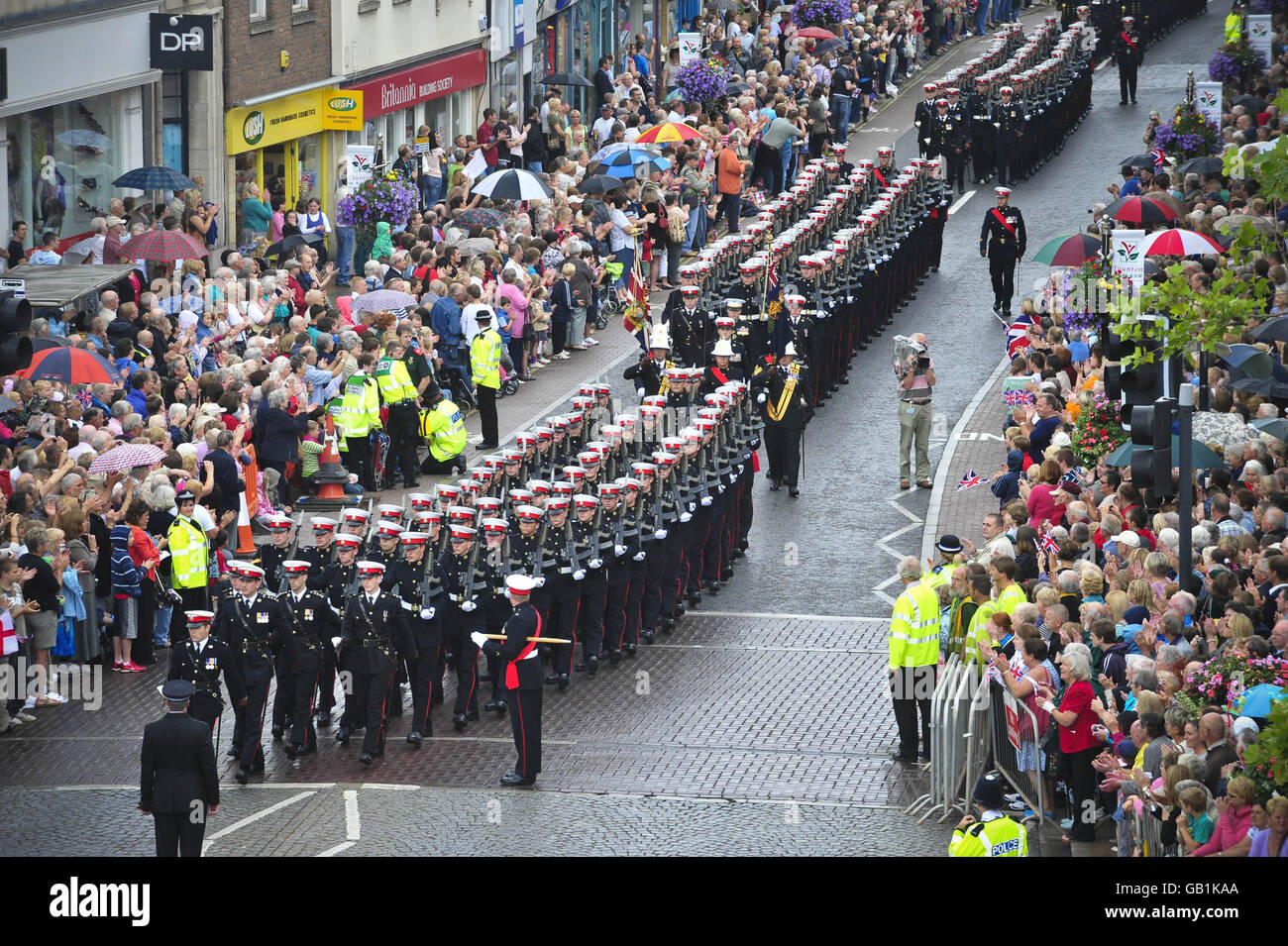 Royal Marine Unit 40 Commando parata attraverso il centro di Taunton per celebrare il loro ritorno dall'Afghanistan. Foto Stock