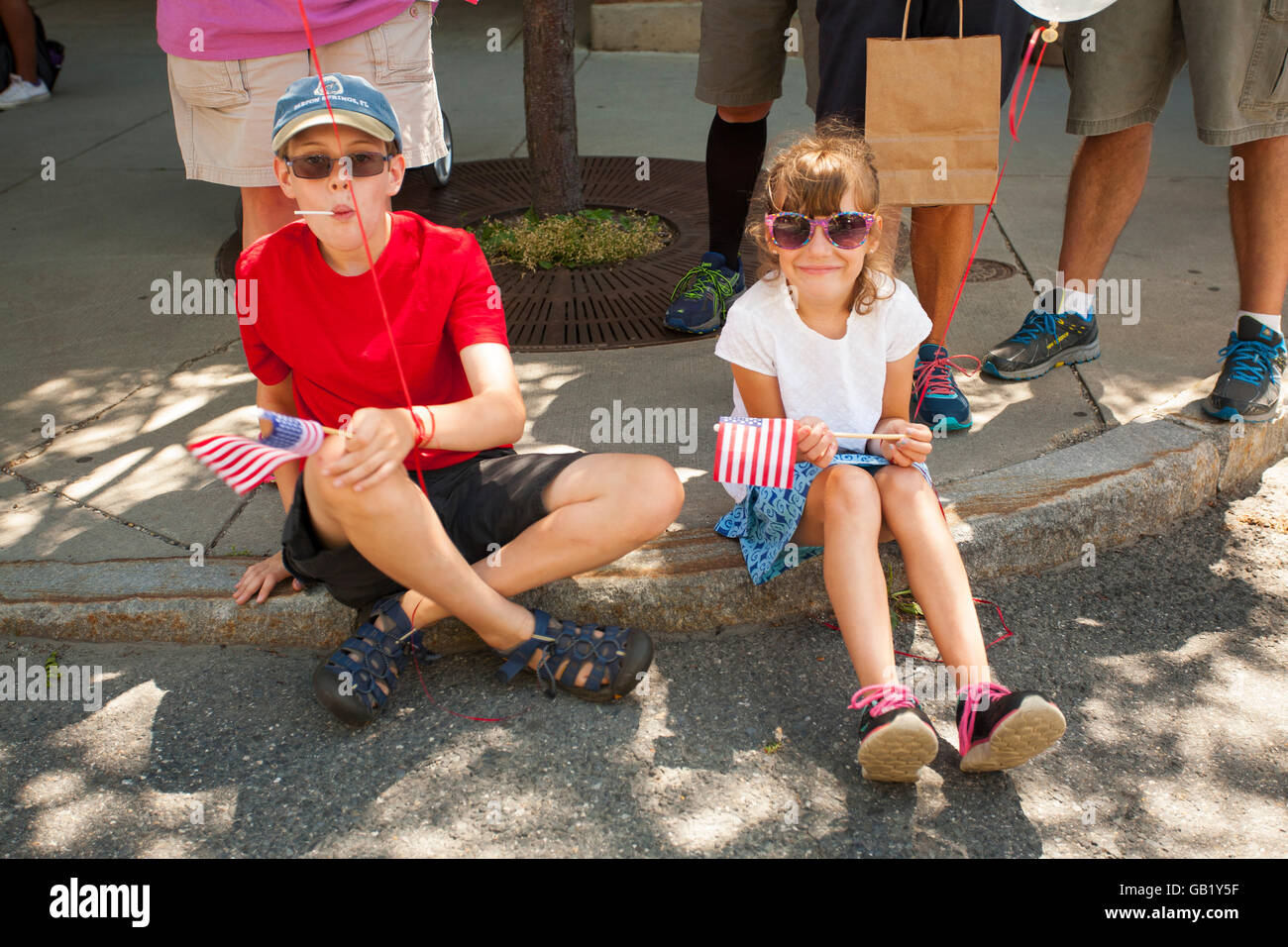 Il 4 luglio la celebrazione in Williamstown Massachusetts include una parata e un galleggiante da Williamstown Theatre Festival. Foto Stock