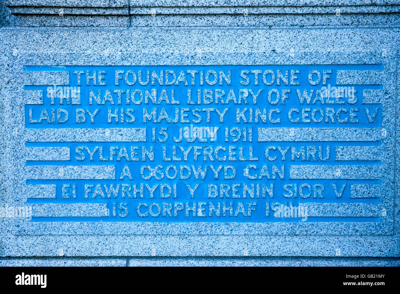 Pietra di fondazione della Biblioteca Nazionale del Galles in Aberystwyth Ceredigion REGNO UNITO Galles Foto Stock