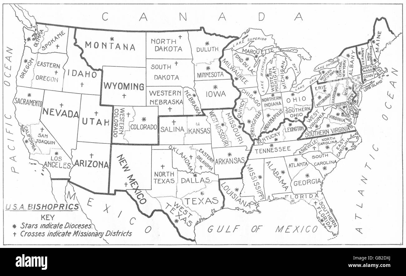 USA: vescovati Chiesa americana. S. stelle indicano i distretti missionari 1922 mappa Foto Stock