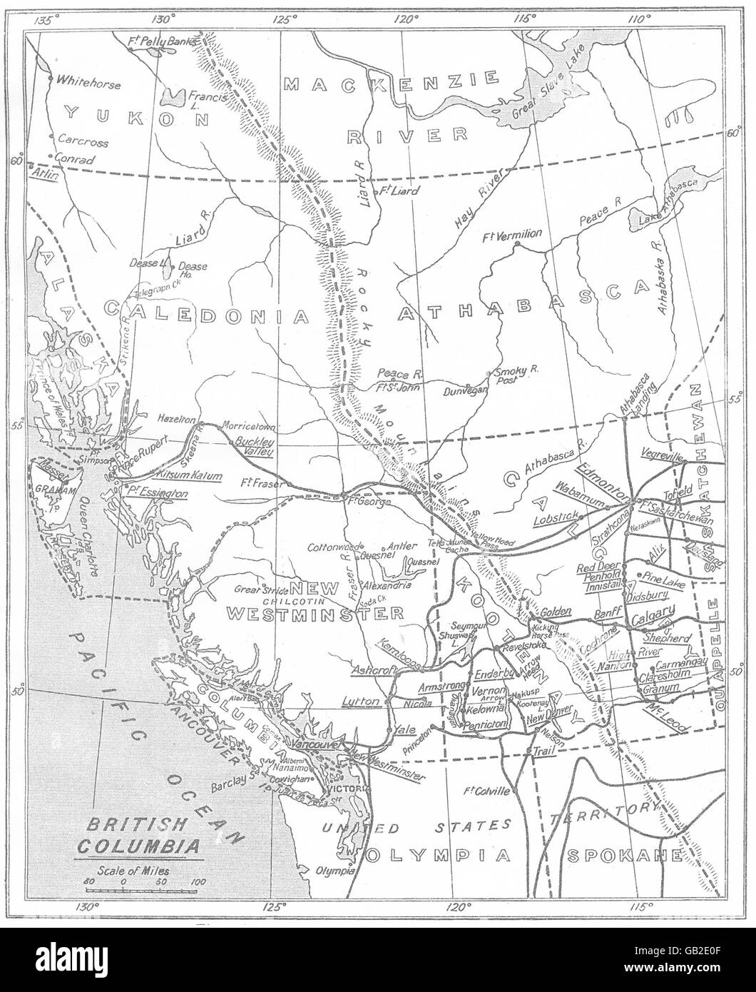 CANADA: British Columbia; stazioni di missione. Diocesani, 1922 Vintage map Foto Stock