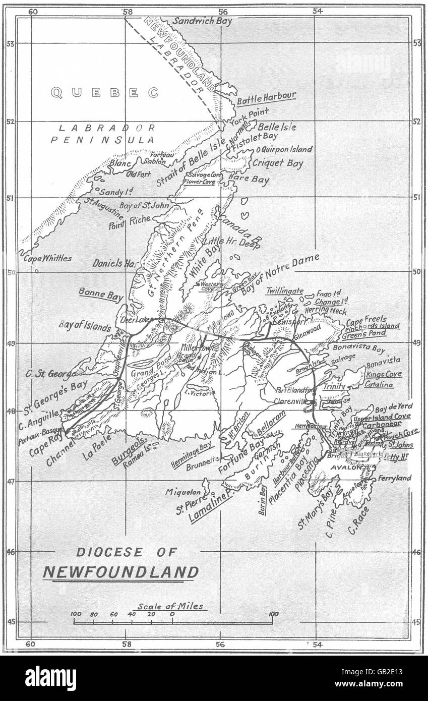 CANADA: la diocesi di Terranova; stazioni di missione. Diocesani, 1922 Vintage map Foto Stock
