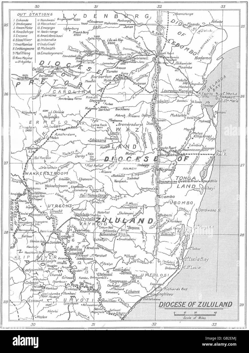 Sud Africa: Diocesi di Zululand; stazioni di missione sono sottolineati, 1922 Mappa Foto Stock