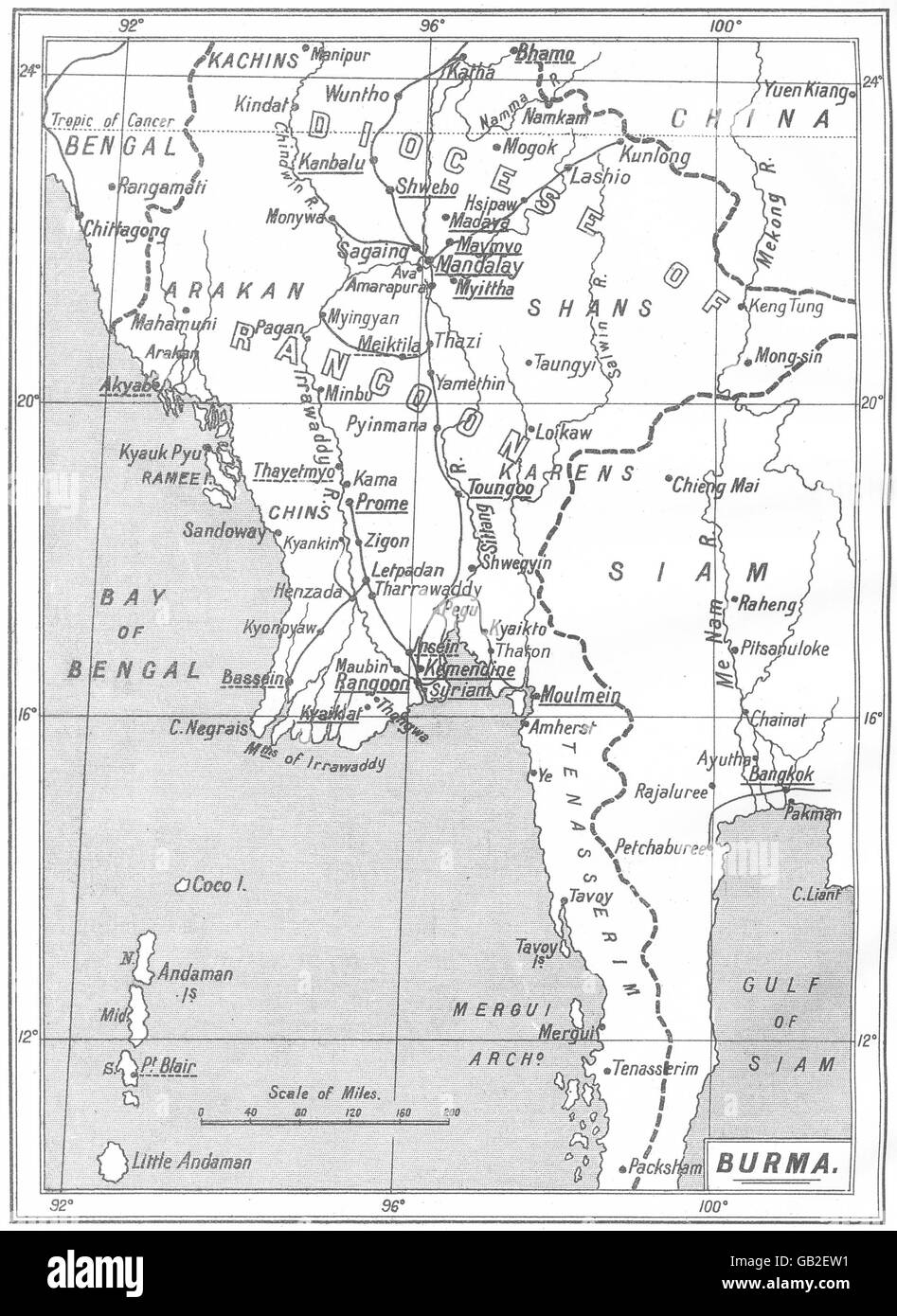 Birmania: stazioni di missione supportato S. . altri anglicani, 1922 Vintage map Foto Stock