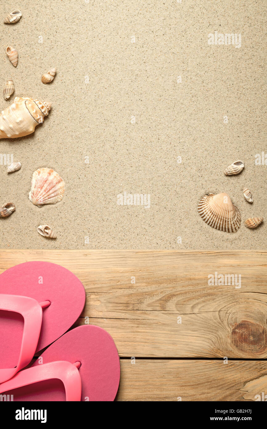 Concetto di estate con rosa flip flop e conchiglie sulla spiaggia sabbiosa. Vista superiore Foto Stock
