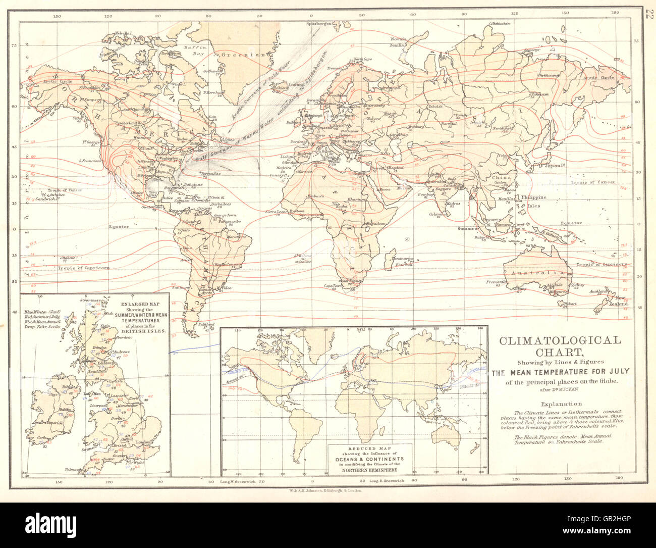 Mondo: grafico climatologiche; influenza degli oceani continenti; temperature, 1897 Mappa Foto Stock