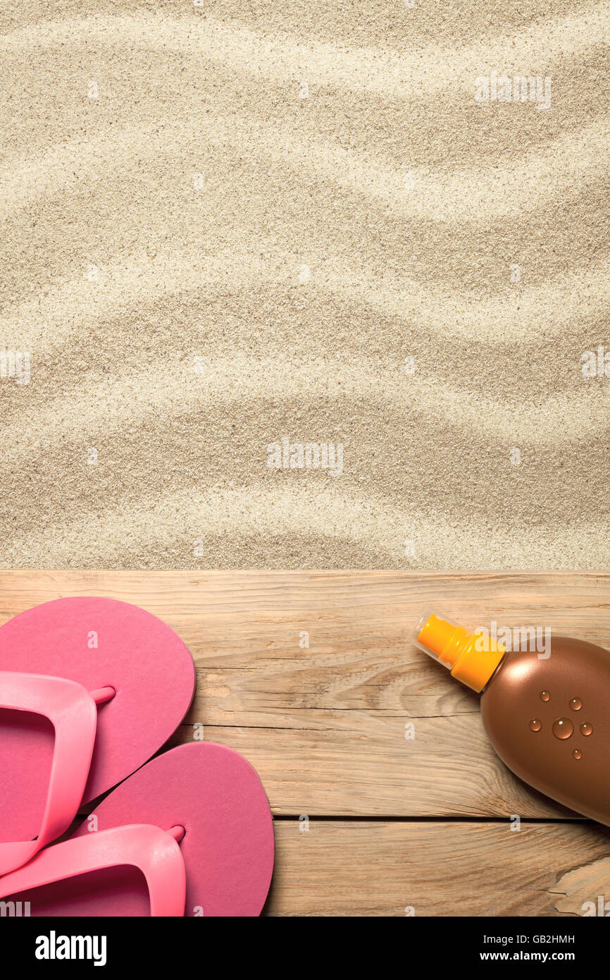 Concetto di estate con rosa flip flop e olio di abbronzarvi sulla spiaggia sabbiosa Foto Stock
