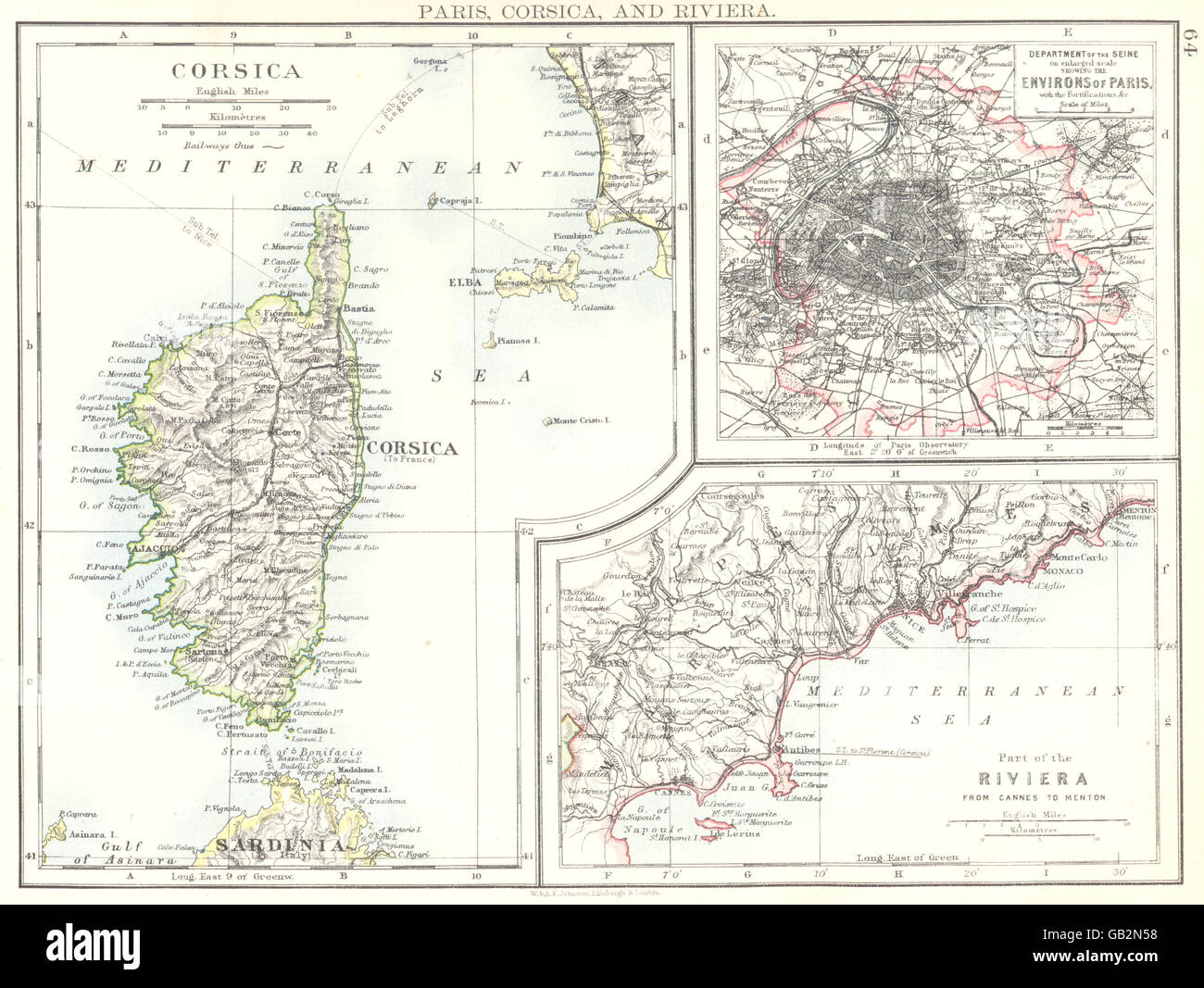 Francia: Parigi, Corsica e Riviera Côte d'Azur, 1897 Mappa antichi Foto Stock