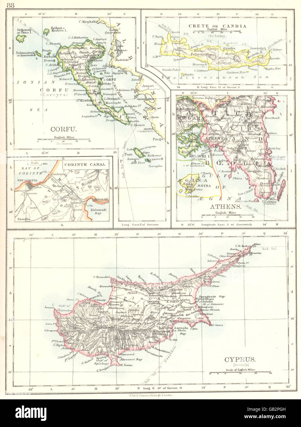 Mediterraneo: Cipro; Corfù; Candia Creta; Atene, Canale di Corinto, 1897 Mappa Foto Stock