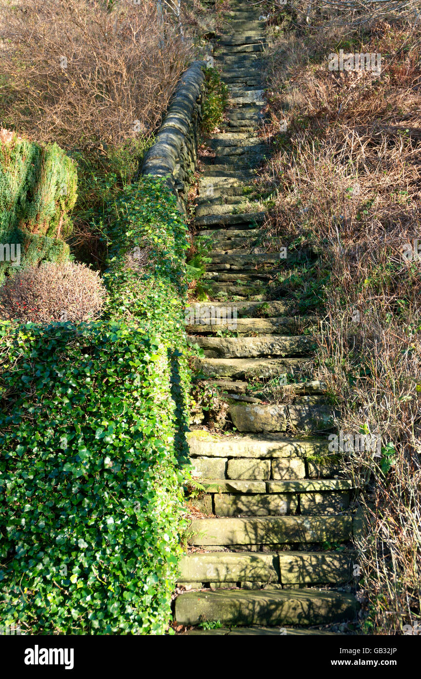 La scalinata in pietra che conduce ripido pendio, Halifax, West Yorkshire Foto Stock