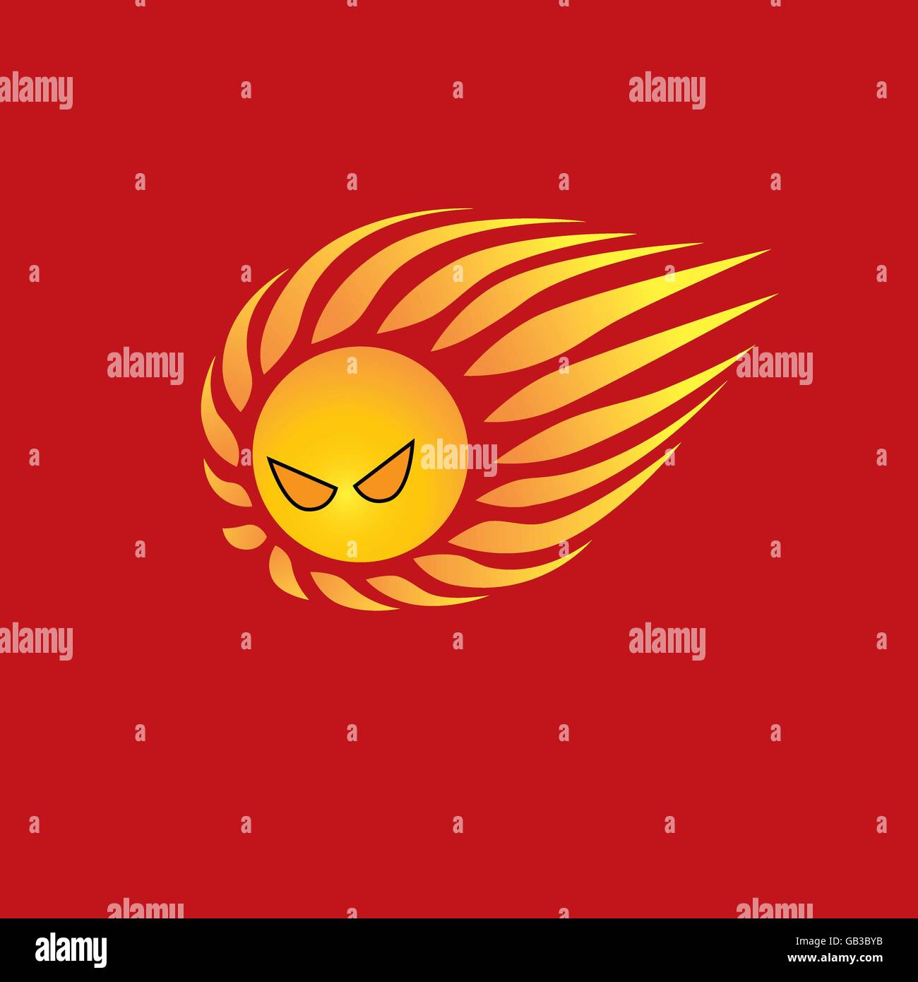 Mad sun logo su sfondo rosso rappresentano il periodo estivo, tempo caldo, scottature, una forte luce del sole Illustrazione Vettoriale