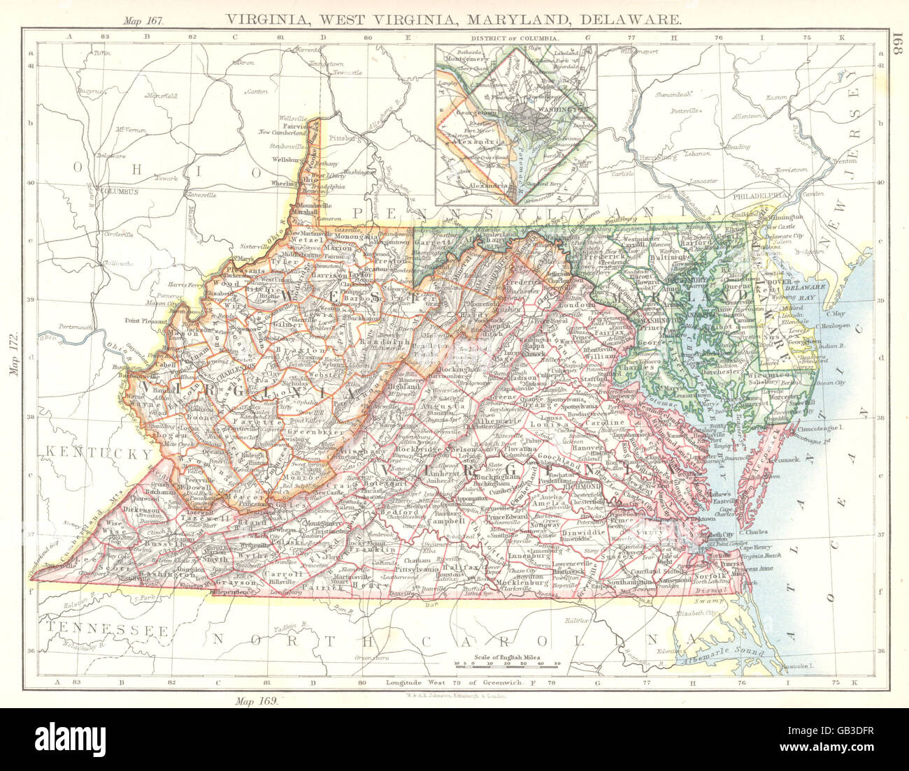 USA: Virginia, West Virginia, Maryland, Delaware, 1897 Mappa antichi Foto Stock