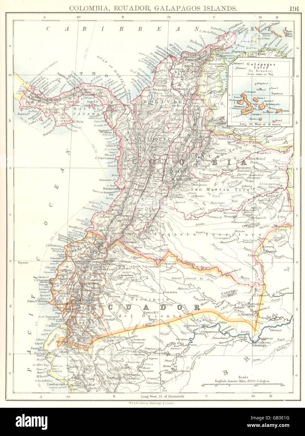 COLOMBIA ECUADOR: America del Sud. Inset Isole Galapagos, 1897 Mappa antichi Foto Stock