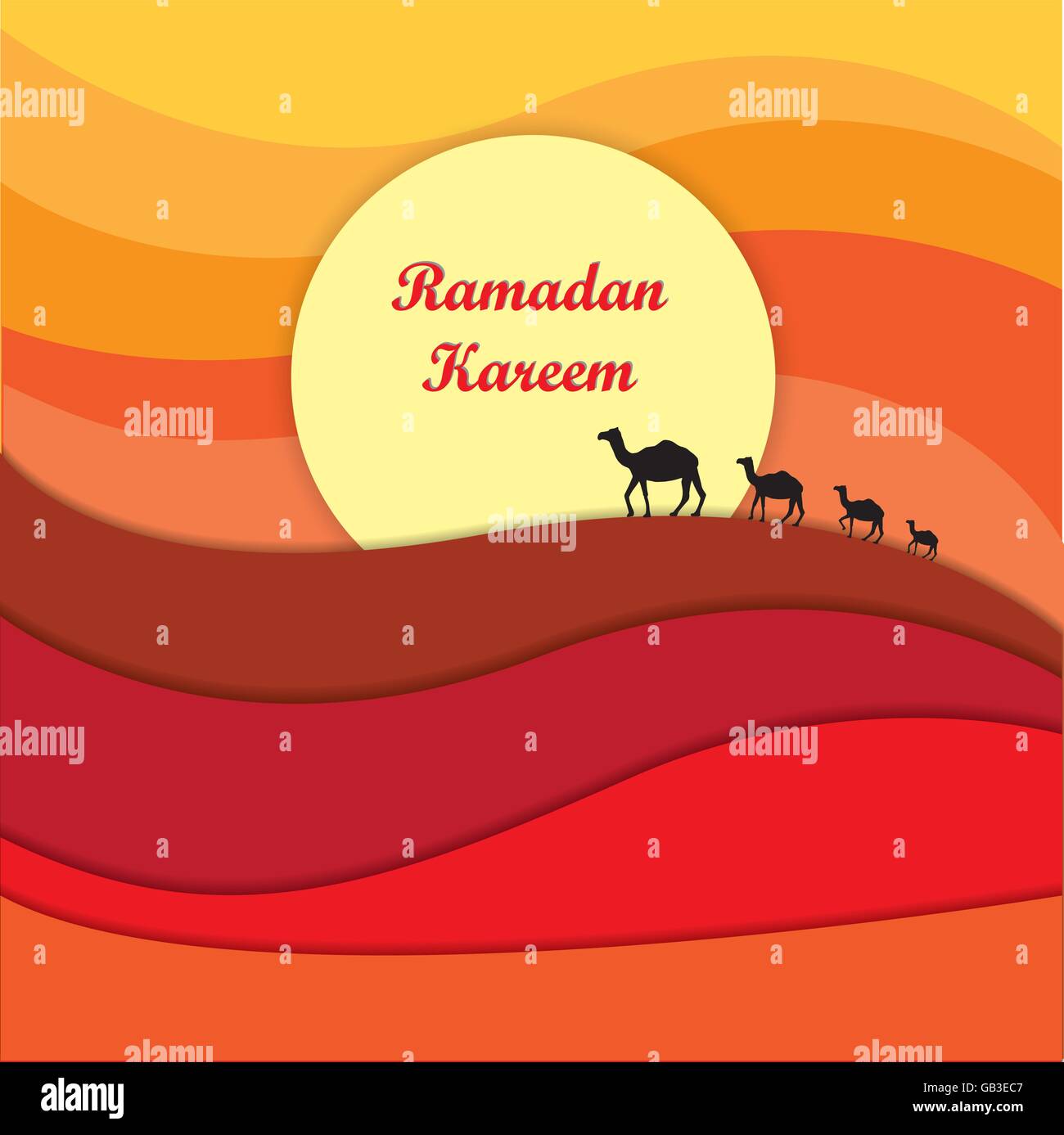Il Ramadan kareem celebrazioni graphic design sul deserto astratto e cammelli in background Illustrazione Vettoriale