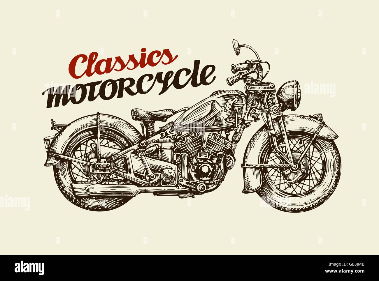 Classics motocicletta. Disegnato a mano moto d'epoca. Illustrazione Vettoriale Illustrazione Vettoriale