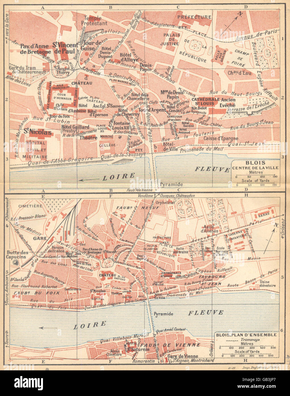 LOIR-et-Cher: Blois Centre de la Ville; Blois Plan d'ensemble, 1922 mappa vecchia Foto Stock