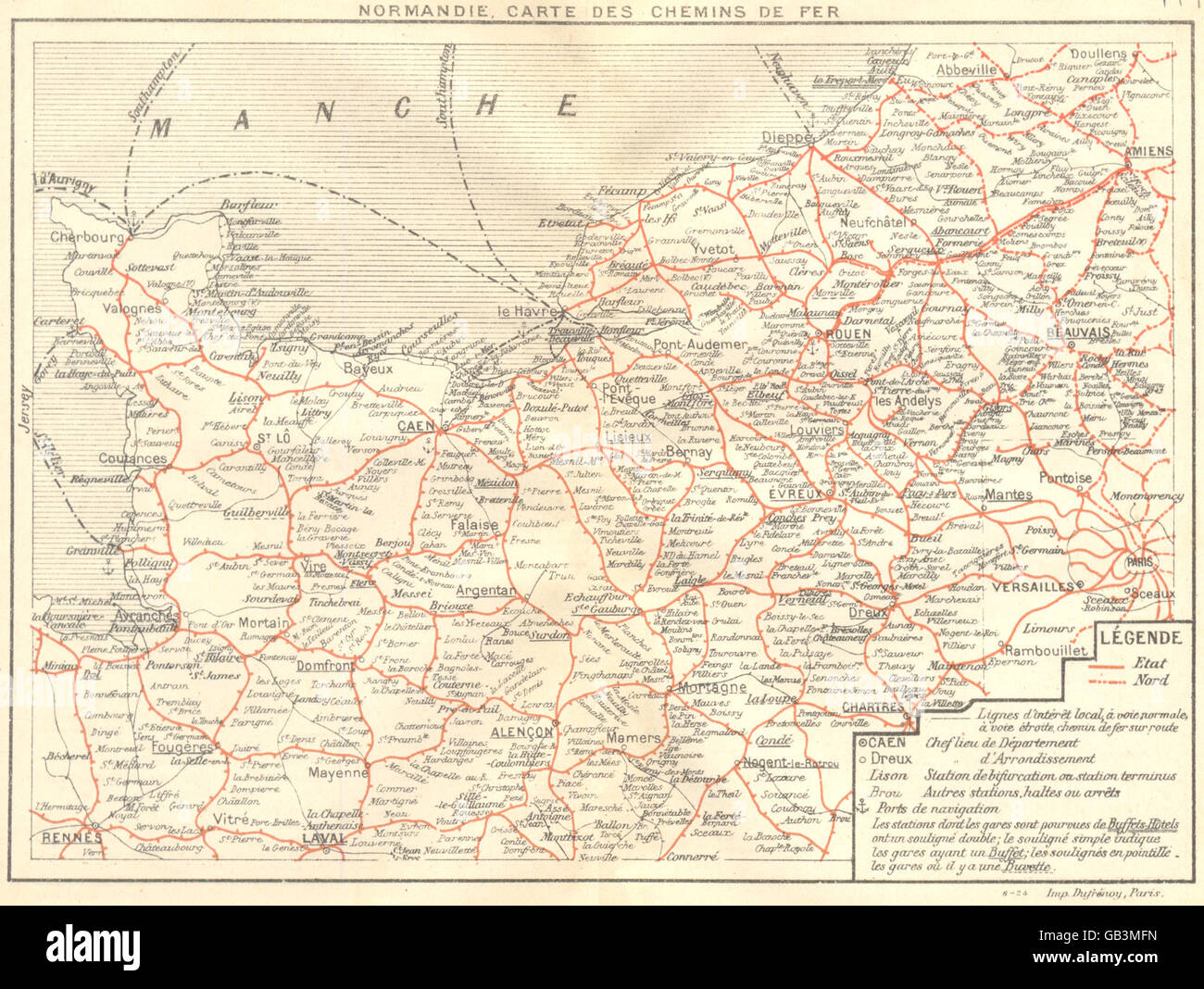 La Normandia: Normandie Carte des Chemins de fer, 1921 Vintage map Foto Stock