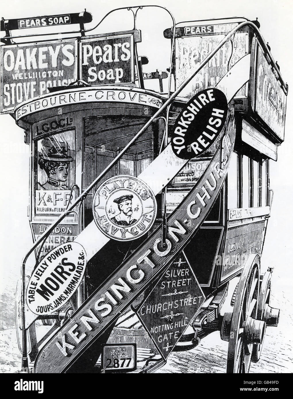 Cavallo omnibus circa 1900 in viaggio da, Kensingotn Church Street a Westbourne Grove, Londra Foto Stock