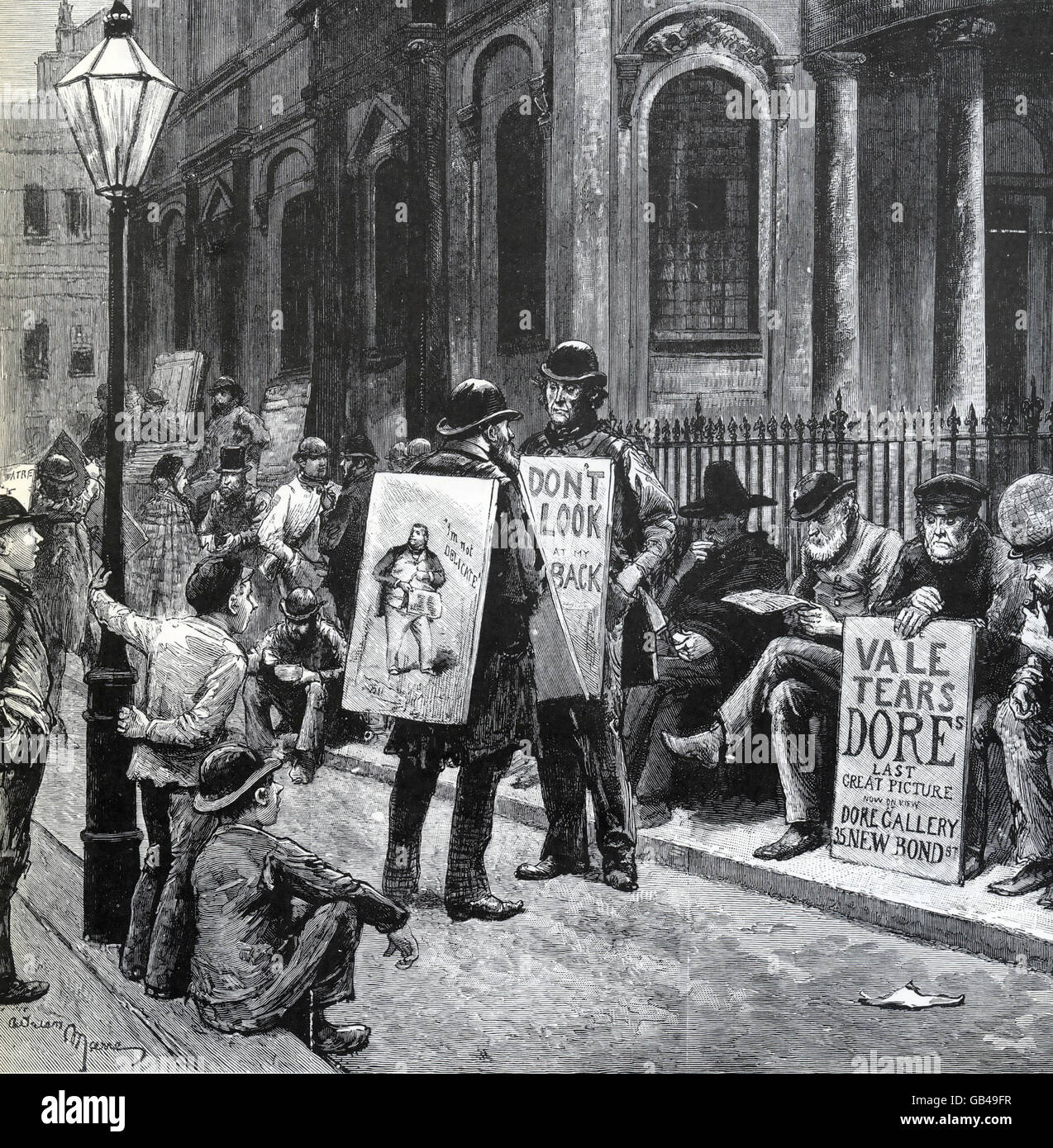 Scheda SANDWICH pubblicità circa 1890. L'uomo seduto alla destra della pubblicità è una mostra di opere di Dore. Foto Stock