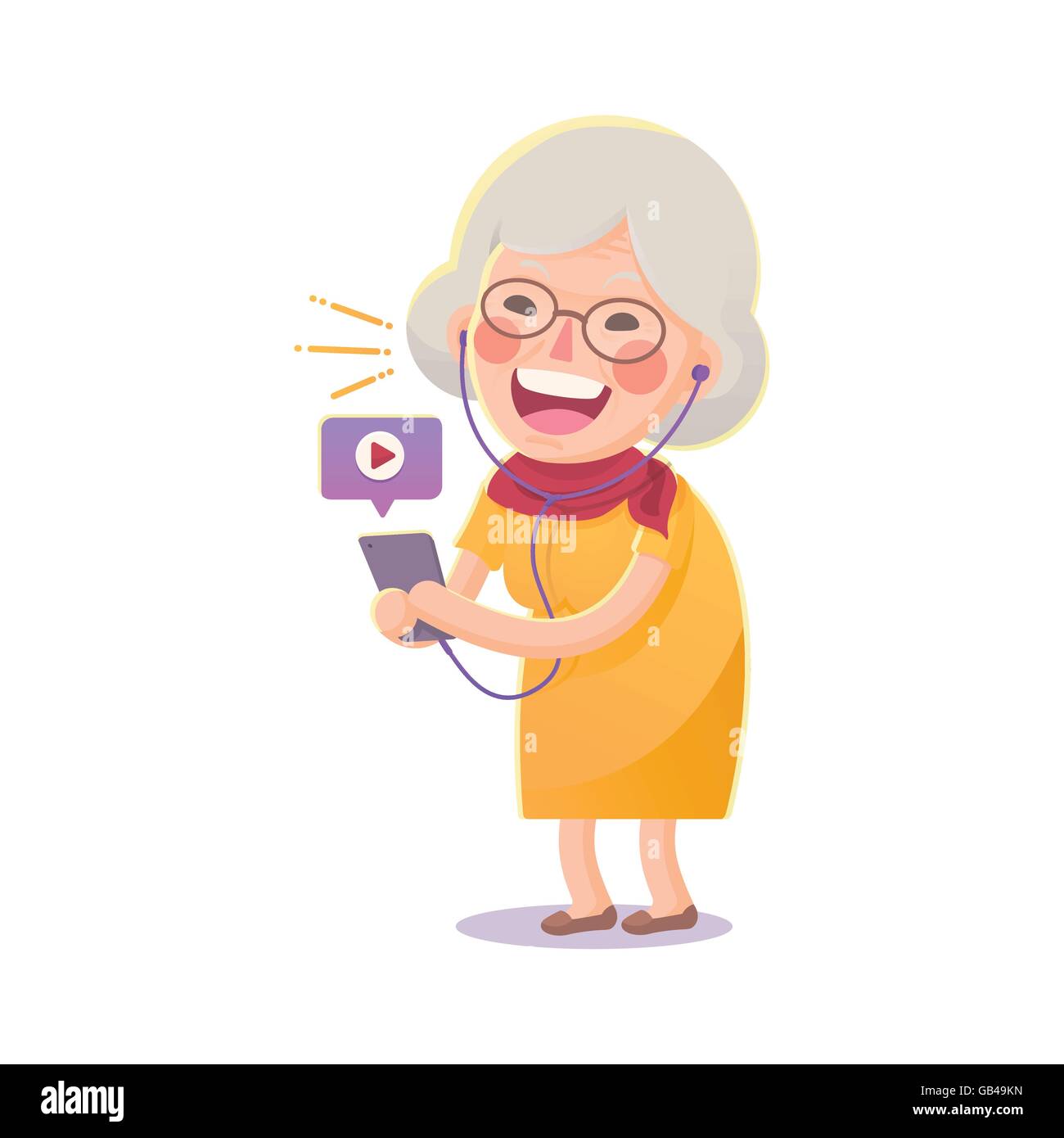 Illustrazione Vettoriale di felice la nonna guarda il filmato da Smart phone isolati su sfondo bianco, il simpatico personaggio dei fumetti Illustrazione Vettoriale