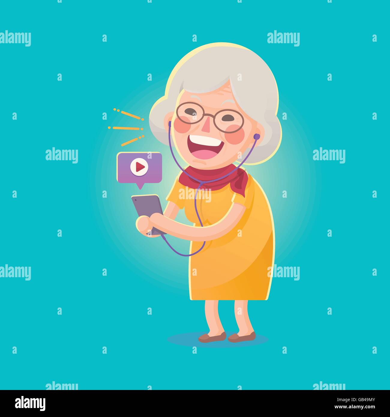 Illustrazione Vettoriale di felice la nonna guarda il filmato da Smart phone , Cartoon carino carattere Illustrazione Vettoriale