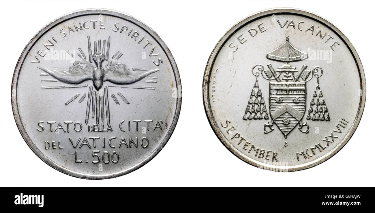 Papal Sede Vacante 1978 settembre moneta d'argento uncircoled isolato su bianco, anteriore con Veni sancte Spiritus Foto Stock