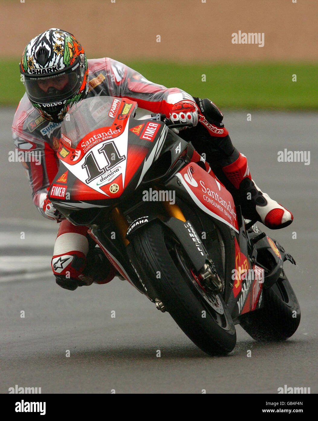 Moto - SBK World Superbike gara uno - Donington Park. Il Troy Corser australiano durante una sessione di riscaldamento prima della SBK World Superbikes Race a Donington Park, Castle Donington, Derbyshire. Foto Stock