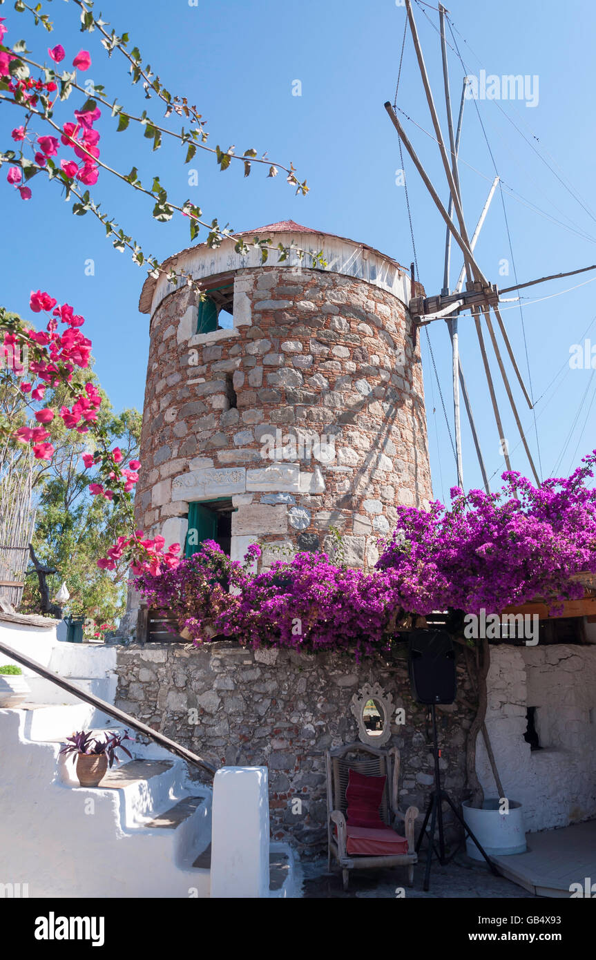 Vecchio mulino a vento a Milos Beach Bar, Lambie Kos (Cos), del Dodecaneso, Egeo Meridionale Regione, Grecia Foto Stock