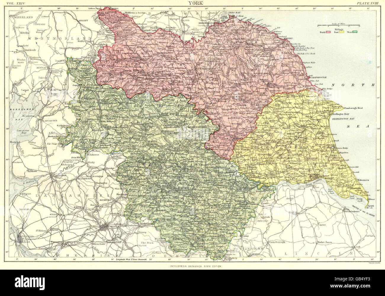 YORKSHIRE: mostra a nord ovest-est circoscrizioni. La britannica 9a edizione, 1898 Mappa Foto Stock