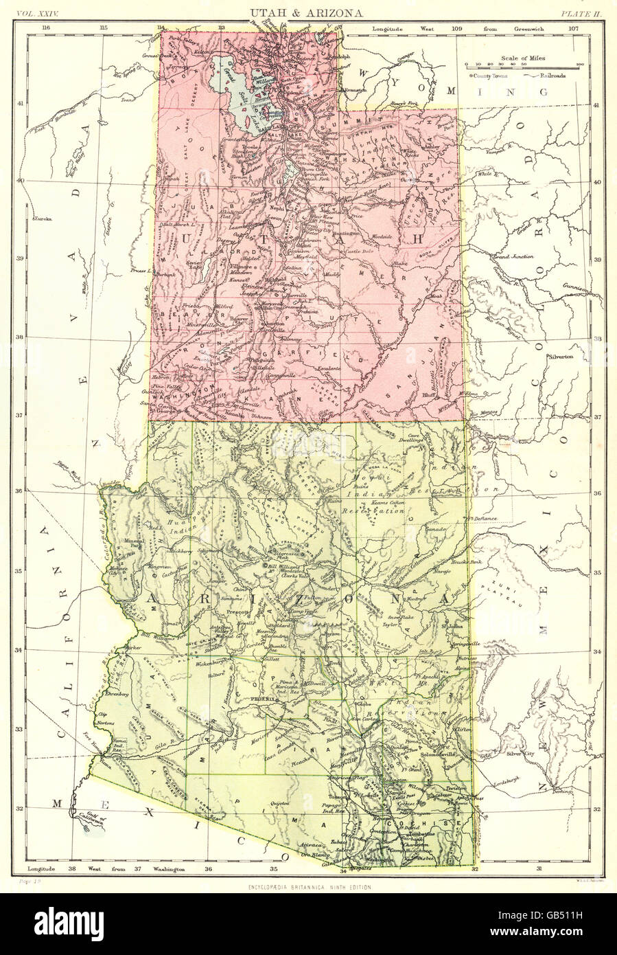 UTAH e Arizona: Stato mappa. La britannica 9a edizione, 1898 Foto Stock