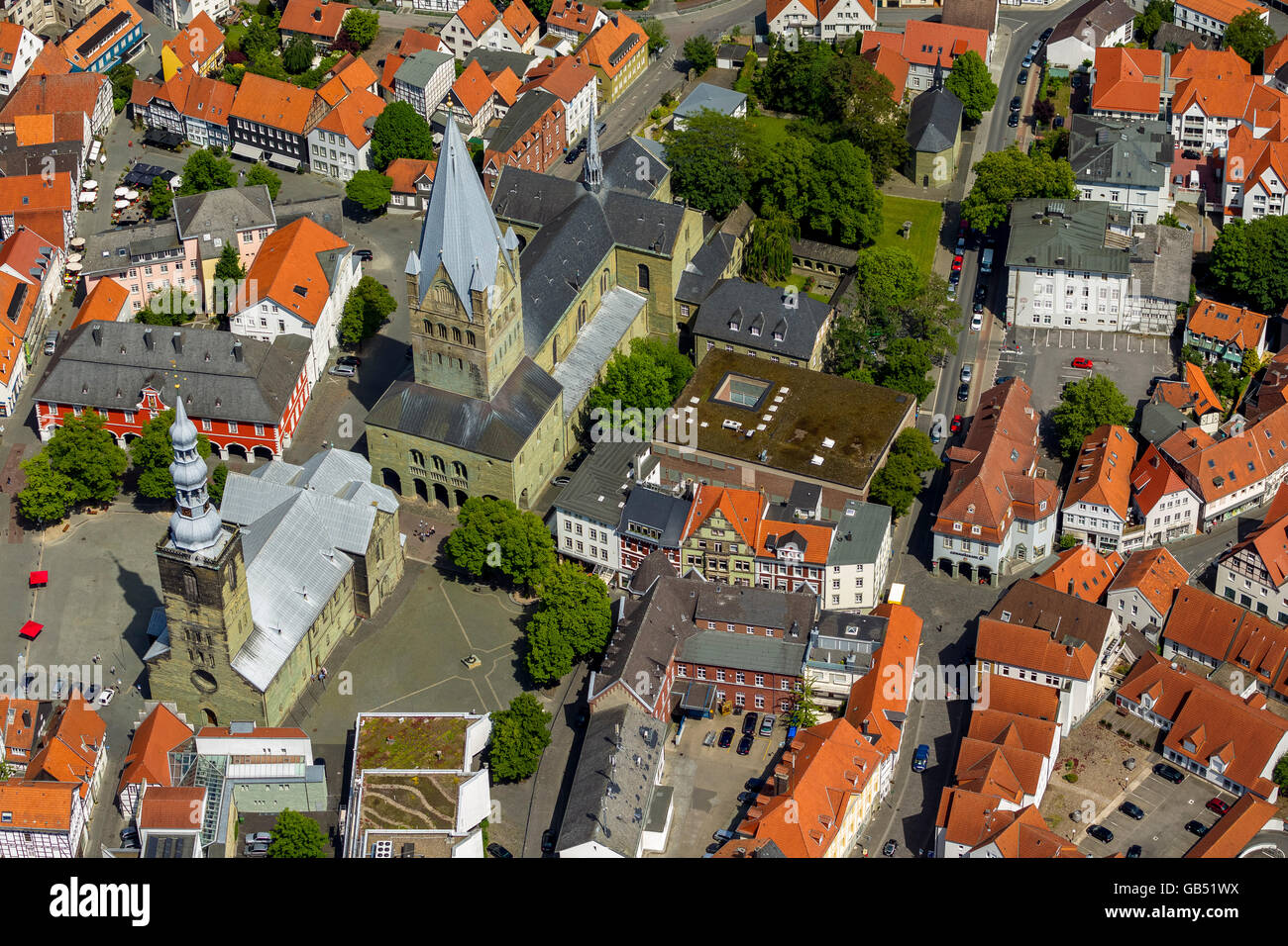 Vista aerea, Potsdamer Platz, San Patrokli destra e Chiesa di San Petri inchiostri, Wilhelm-Morgner-Haus, Soest, Soester Plain, Foto Stock