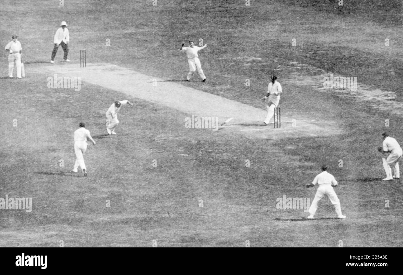 Il bowler inglese Harold Larwood (c) alza le braccia come compagno di squadra Gubby Allen (terzo l) Quasi prende una presa per respingere l'australiano Bill Woodfull (terza r) Foto Stock