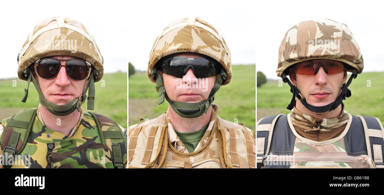 Un confronto di abbigliamento dell'esercito britannico, (da sinistra a destra) un soldato che indossa un casco e occhiali emessi prima del 2003, un soldato che indossa un casco e occhiali di protezione che sono attualmente in uso e un soldato che indossa occhiali di protezione e casco di prova, che potrebbe essere utilizzato dalle truppe in futuro. Foto Stock