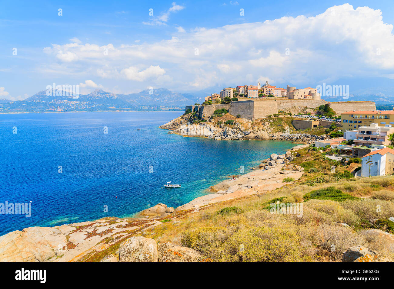 Vista della cittadella con case nella baia di Calvi, Corsica, Francia. Foto Stock