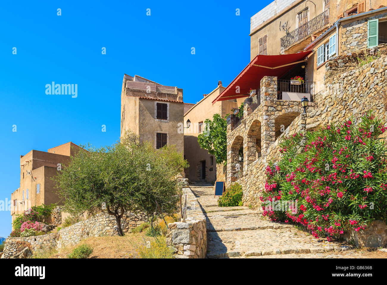 Un percorso al ristorante tradizionale costruita dalle pietre nel borgo medievale di Sant'Antonino, Corsica, Francia Foto Stock