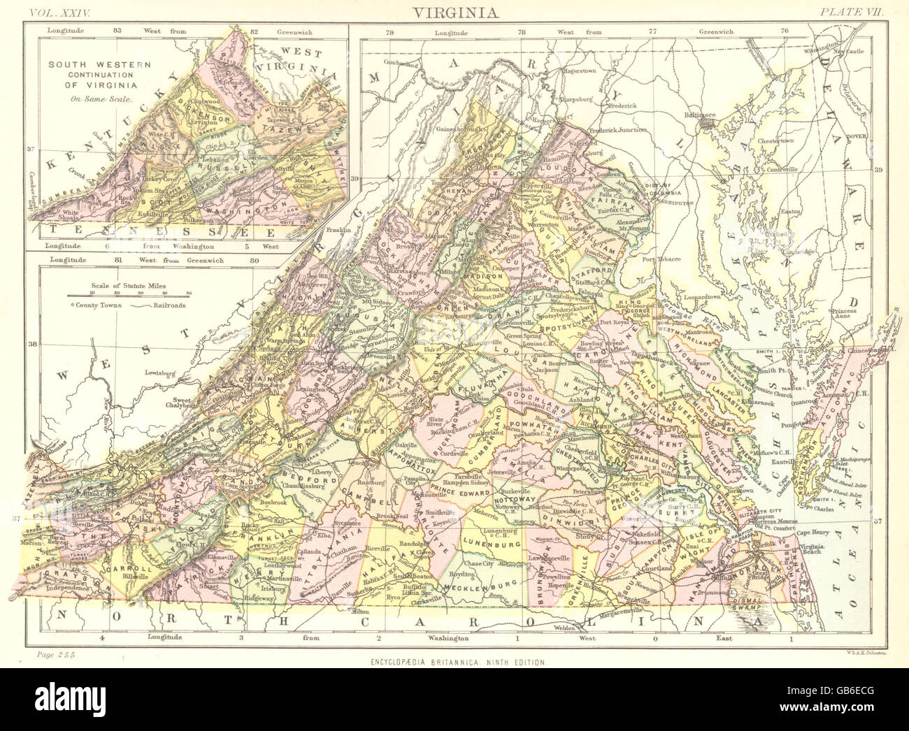 VIRGINIA: Stato mappa che mostra le contee. La britannica 9a edizione, 1898 Foto Stock