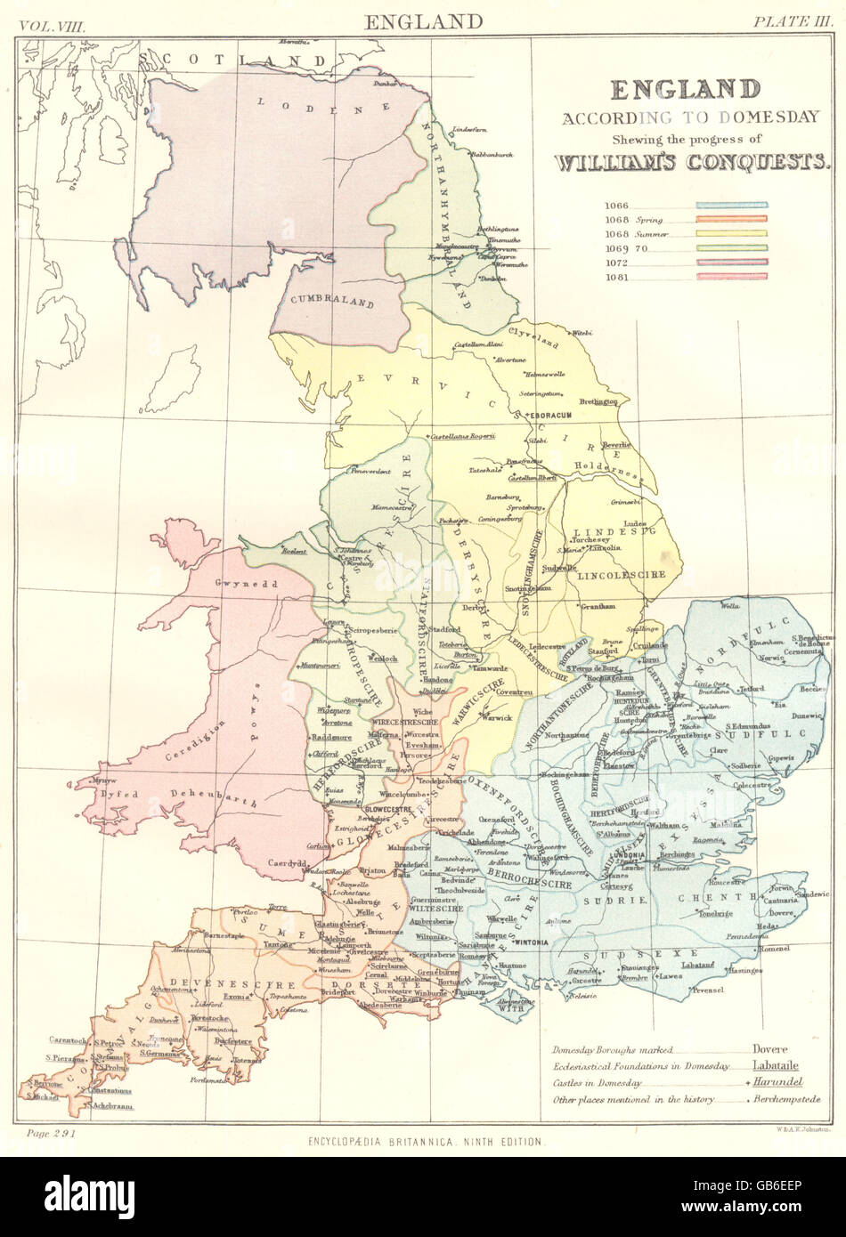 DOMESDAY INGHILTERRA: progressi di William le conquiste di 1066-1081. La britannica 1898 mappa Foto Stock