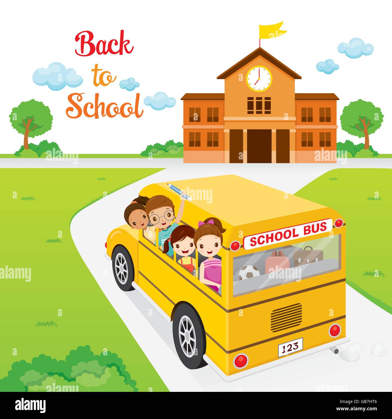 Ai bambini di andare a scuola dalla scuola Bus, torna a scuola, educativo, cancelleria, Bambini, soggetti, Conoscenza, aiuto per l insegnamento Illustrazione Vettoriale
