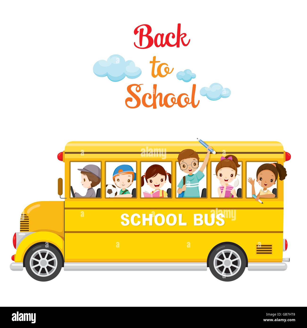 I bambini si divertono sul bus di scuola, torna a scuola, educativo, cancelleria, Prenota, Bambini, soggetti, Conoscenza, aiuto per l insegnamento Illustrazione Vettoriale