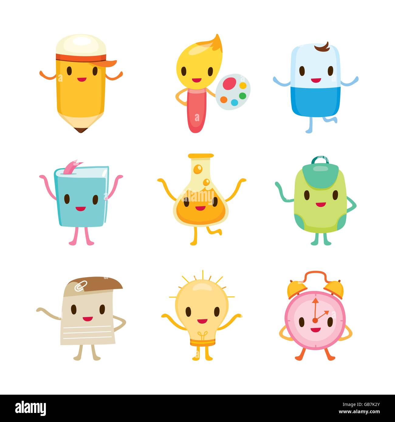 Istruzione caratteri Design icone, torna a scuola, educativo, cancelleria, Prenota, bambini, aiuto per l insegnamento, oggetti, icone Illustrazione Vettoriale