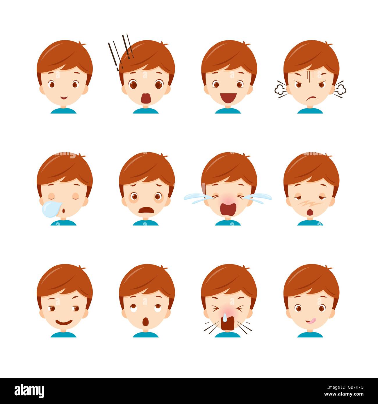 Ragazzo grazioso set di emoticon, gli Emoji, del viso, sensazione, umore, personalità, simbolo Illustrazione Vettoriale