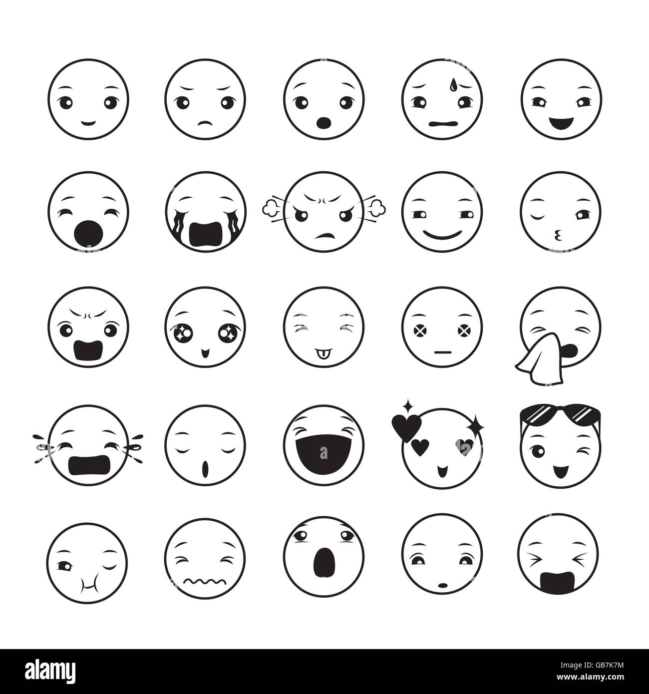 Set di emoticon, gli Emoji, del viso, sensazione, umore, personalità, simbolo Illustrazione Vettoriale
