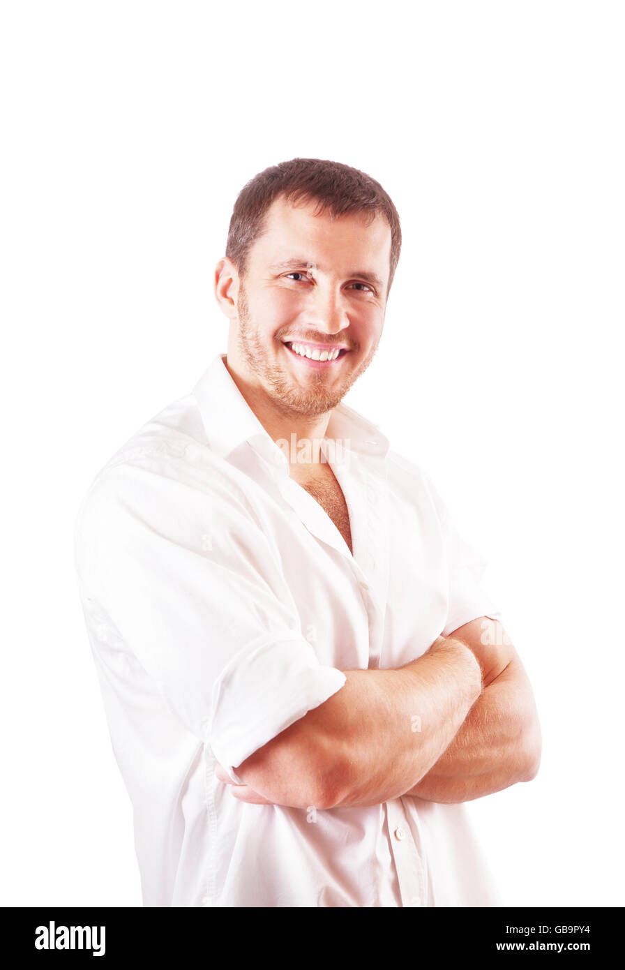 Ritratto di un giovane attraente Uomo in camicia isolata su uno sfondo bianco Foto Stock
