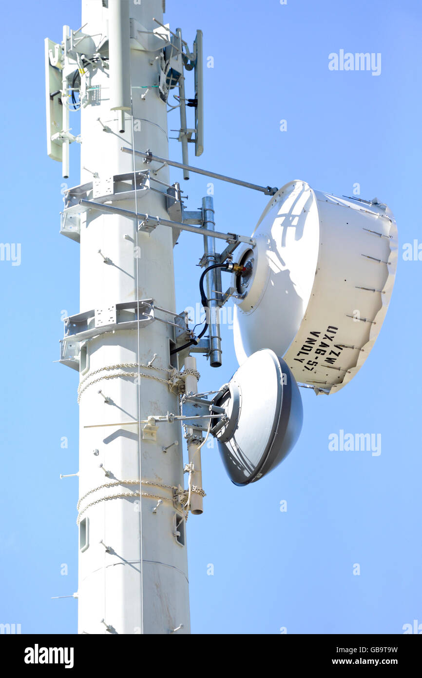 Forno a microonde unità relè / piatti su una torre cellulare per inviare e ricevere la radio mobile / cellular telephone communications Foto Stock