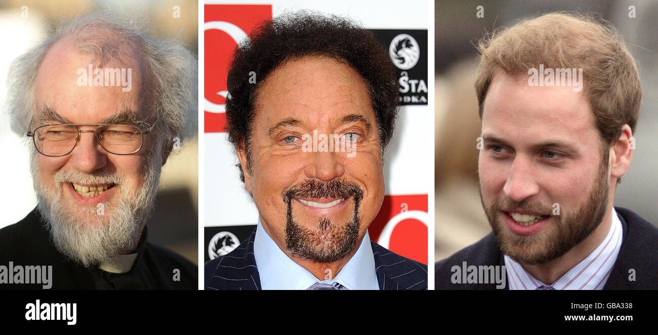 Foto di archivio non datate (da sinistra) dell'arcivescovo di Canterbury Dr Rowan Williams, Sir Tom Jones e Prince William. Il Dr. Williams e Jones sono vincitori del Beard of Year Award organizzato dal Beard Liberation Front, con il Principe William come secondo classificato. Foto Stock