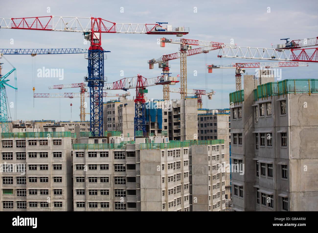 Vista ravvicinata di più gru industriali a torre per costruire case per i cittadini di Singapore, Singapore. Foto Stock