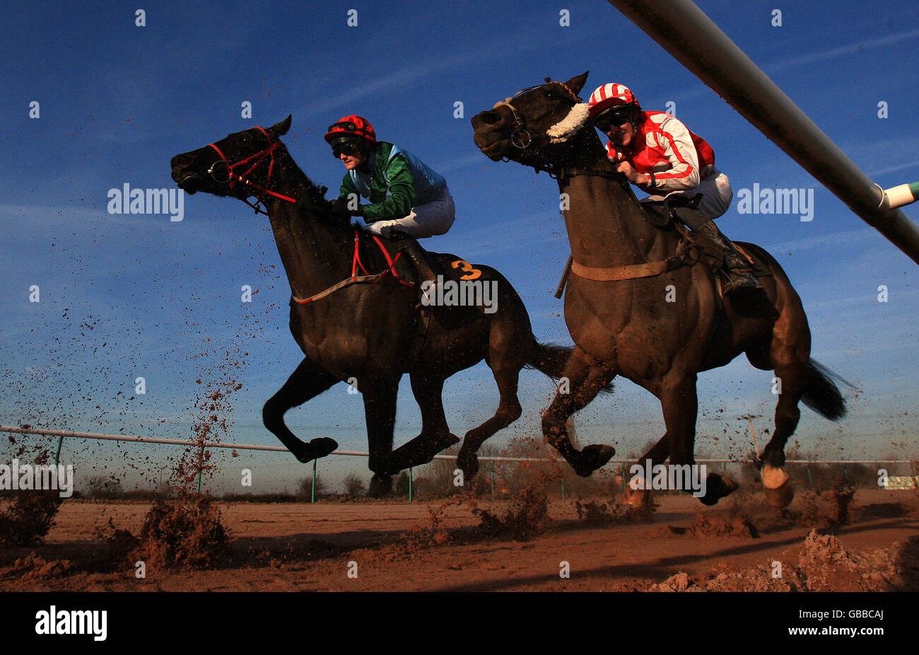 Corse ippiche - Ippodromo di Southwell. Art Discovery (l) e Sally's Dilemma in the Hospitality at Southwell Racecourse Claiming Stakes Foto Stock