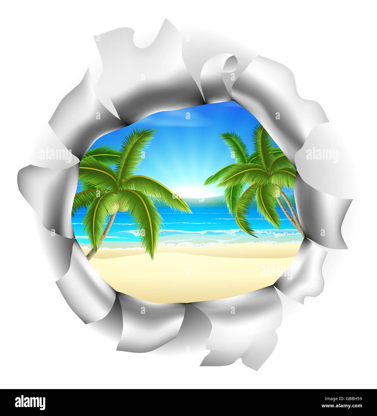Una spiaggia tropicale con palme visibile attraverso un foro. Concetto di opportunità o un futuro positivo, o semplicemente la possibilità di vincere Foto Stock
