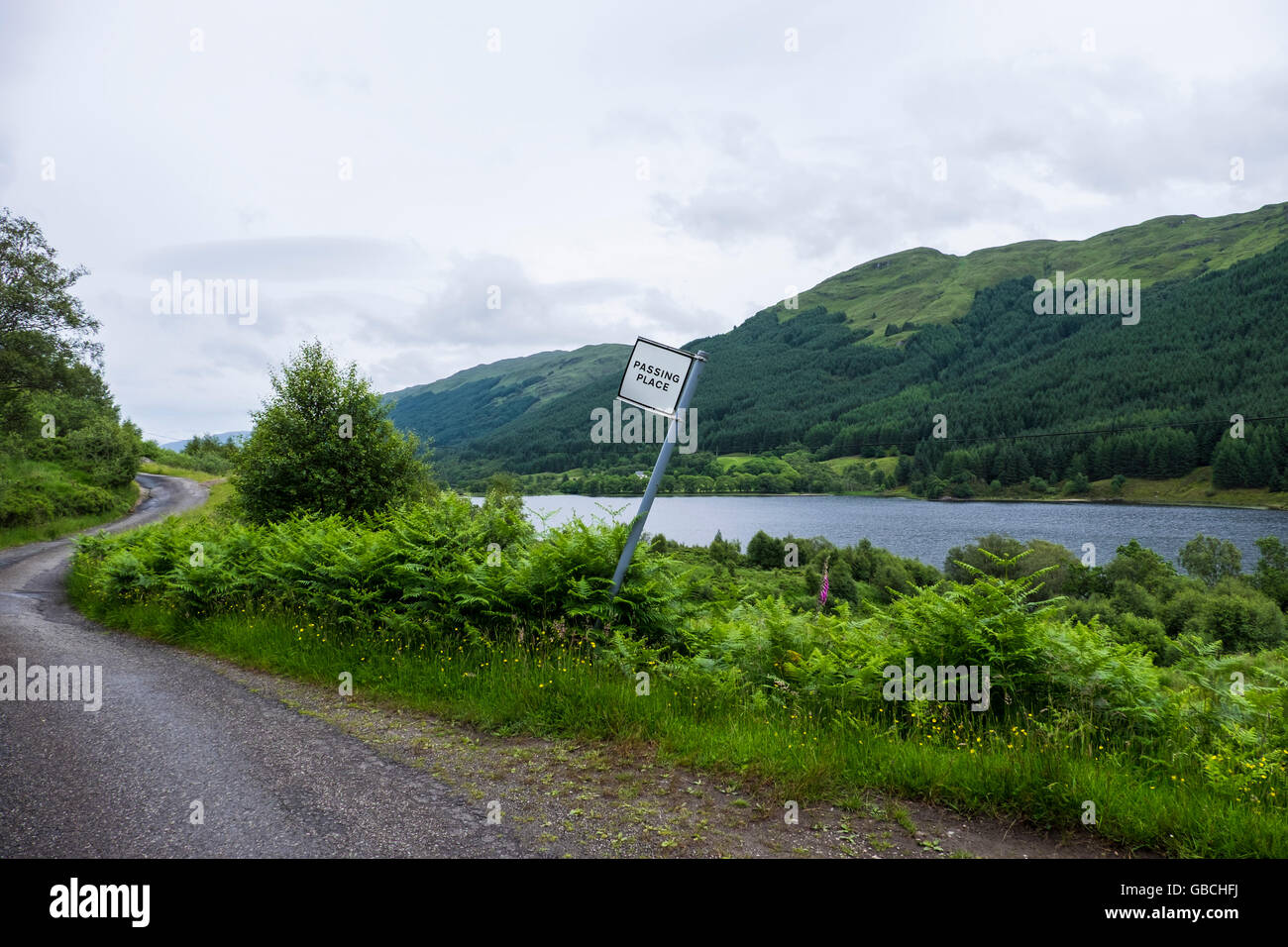 Passante posto cartello stradale sulla stretta pista singola country Road dal lato del Loch Doine in Scozia Foto Stock