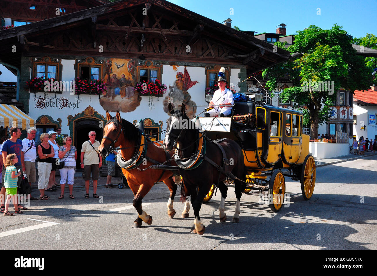 Dorffest, nostalgisch, Postkutsche, Isartal, Wallgau, Bayern, Deutschland Foto Stock